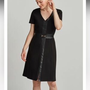 NEW ELLEN TRACY PONTE FLARE DRESS WITH VEGAN LEATHER TRIM Size:L